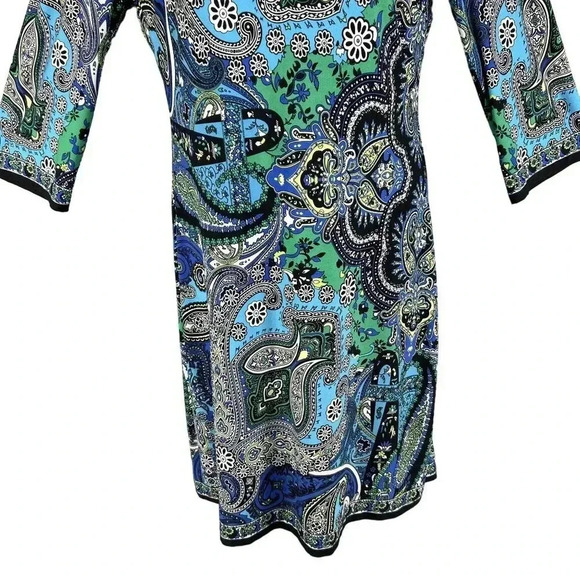 CHICOS 1 Medium Blue White Paisley 3/4 Sleeve Knit Bodycon Outdoor Shift Dress - Picture 4 of 16